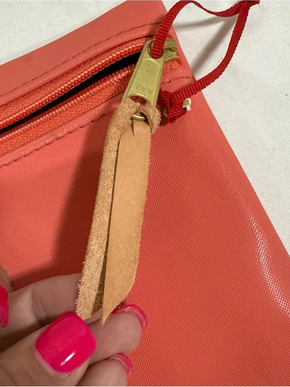 Jon Hart “Hannah” Coral Cosmetic Zip Pouch with Tan Name Patch